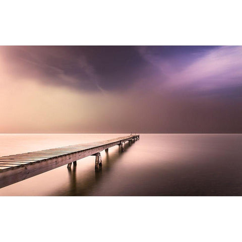Long Pier in Early Morning Black Modern Wood Framed Art Print with Double Matting by Anon.