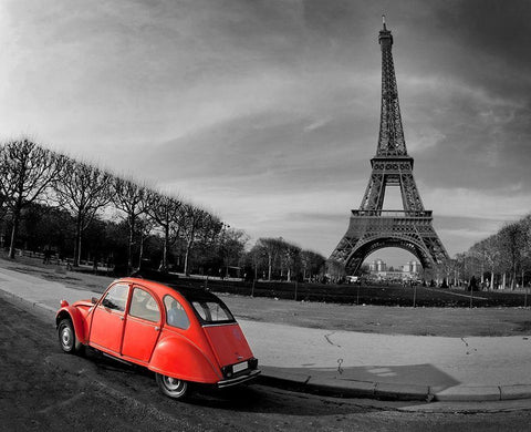 Red in Motion by the Eiffel Tower Black Ornate Wood Framed Art Print with Double Matting by Anonymous