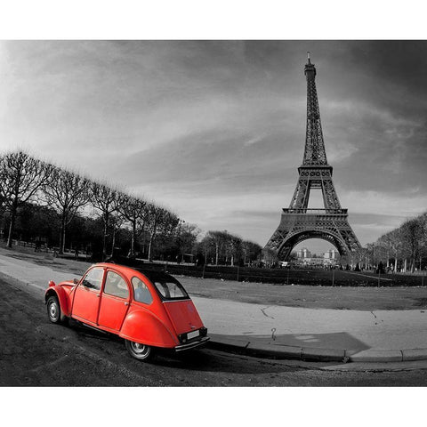 Red in Motion by the Eiffel Tower Black Modern Wood Framed Art Print with Double Matting by Anonymous