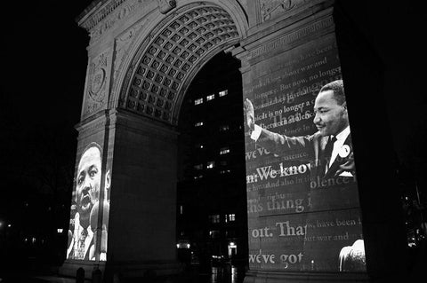 Martin Luther King Jr Projection on the Washington Square Arch NYC White Modern Wood Framed Art Print with Double Matting by Maier, Phil