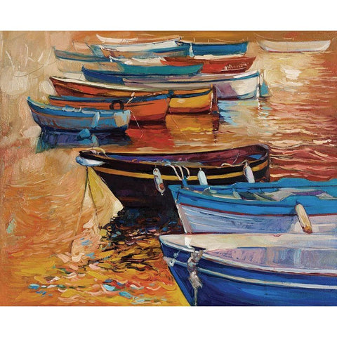 Rowboats Moored on Ocean White Modern Wood Framed Art Print by Dimitrov, Boyan