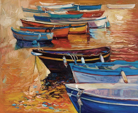 Rowboats Moored on Ocean White Modern Wood Framed Art Print with Double Matting by Dimitrov, Boyan