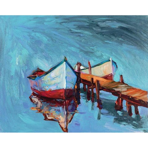 Rowboats Tied to Pier White Modern Wood Framed Art Print by Dimitrov, Boyan