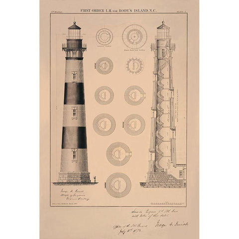 Bodys Island Light House Gold Ornate Wood Framed Art Print with Double Matting by Anonymous