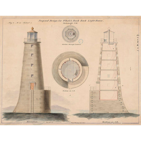 Whales Back Rock Light House Gold Ornate Wood Framed Art Print with Double Matting by Anonymous