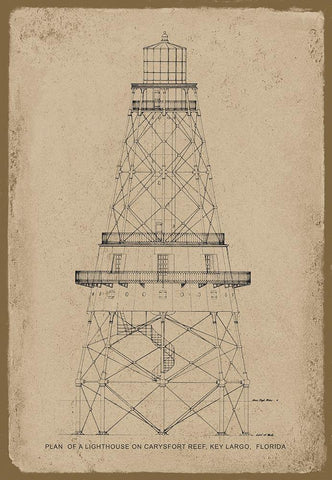 Lighthouse Architectural Drawing White Modern Wood Framed Art Print with Double Matting by Anonymous