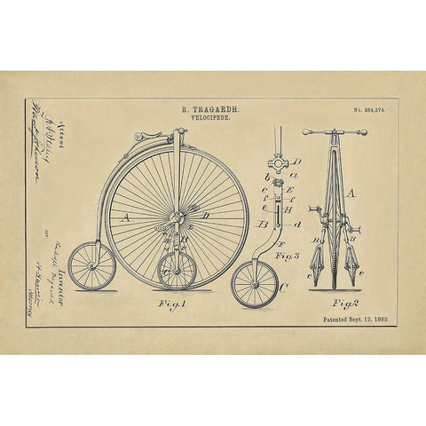 Velocipede Technical Drawing Gold Ornate Wood Framed Art Print with Double Matting by Anonymous