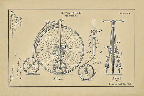 Velocipede Technical Drawing Black Ornate Wood Framed Art Print with Double Matting by Anonymous