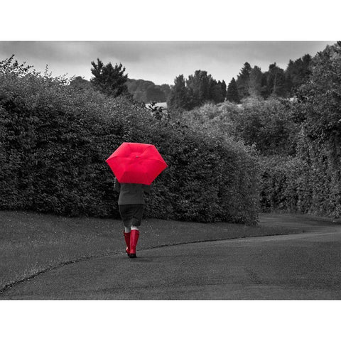 Red Boots and Umbrella Gold Ornate Wood Framed Art Print with Double Matting by Anonymous