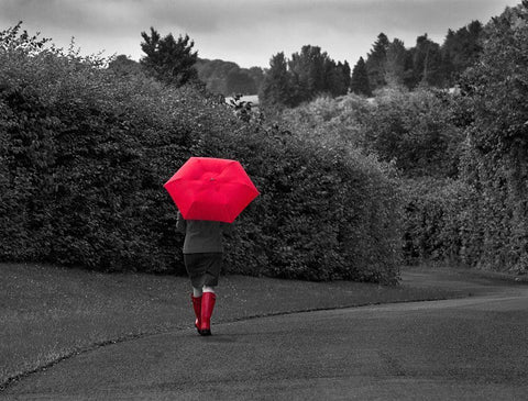 Red Boots and Umbrella White Modern Wood Framed Art Print with Double Matting by Anonymous