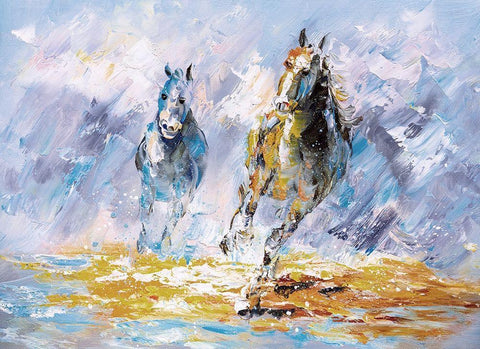 Horses Running Oil Painting White Modern Wood Framed Art Print with Double Matting by Chen, Y.C.