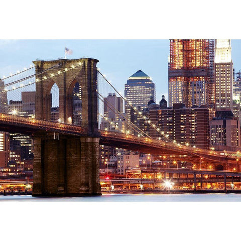 Brooklyn Bridge in Lights Black Modern Wood Framed Art Print with Double Matting by Heng, Lu