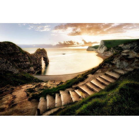 Sunset at Durdle Door with pathway. Dorset, Jurassic Coast, England Black Modern Wood Framed Art Print with Double Matting by Frates, Dennis