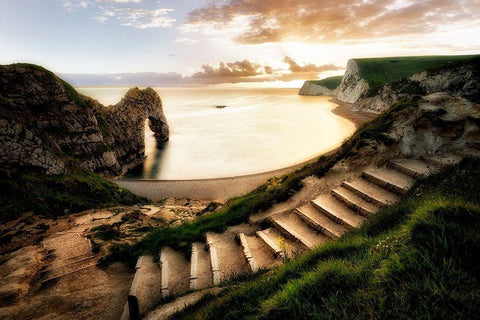 Sunset at Durdle Door with pathway. Dorset, Jurassic Coast, England White Modern Wood Framed Art Print with Double Matting by Frates, Dennis