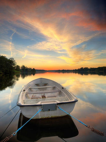 Rowboat on Summer Lake, Color White Modern Wood Framed Art Print with Double Matting by Anonymous