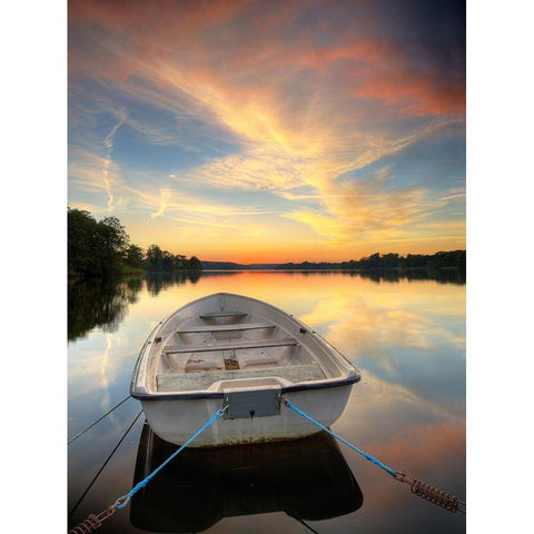 Rowboat on Summer Lake, Color White Modern Wood Framed Art Print by Anonymous