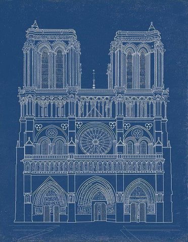 Notre Dame Cathedral Blueprint White Modern Wood Framed Art Print with Double Matting by Tatiana, P.