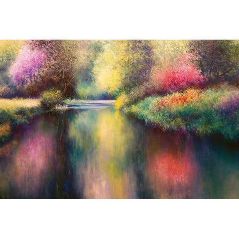 Spring Meadow with Creek Black Modern Wood Framed Art Print with Double Matting by Rossi, Giorgio
