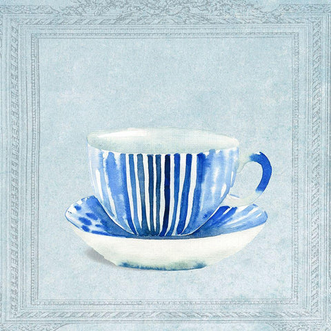 Lovely Blue Striped Tea Cup Gold Ornate Wood Framed Art Print with Double Matting by Dolzhenko, Anna