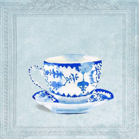 Watercolored Blue and White Tea Cup Black Modern Wood Framed Art Print with Double Matting by Dolzhenko, Anna