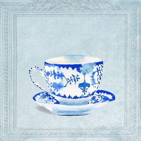 Watercolored Blue and White Tea Cup White Modern Wood Framed Art Print with Double Matting by Dolzhenko, Anna