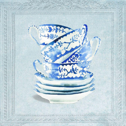 Stacked Tea Cups and Saucers White Modern Wood Framed Art Print with Double Matting by Dolzhenko, Anna