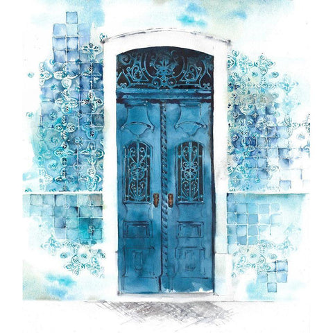 Blue Door in Tile Wall White Modern Wood Framed Art Print by Anonymous