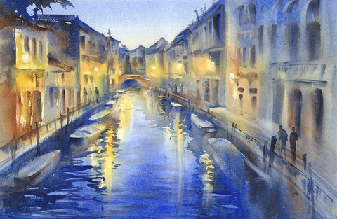 Night Lights on Venetian Canal White Modern Wood Framed Art Print with Double Matting by Lipeikaite, Egle