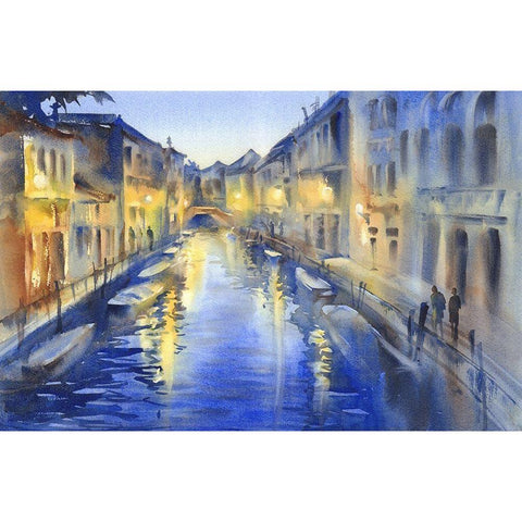 Night Lights on Venetian Canal Gold Ornate Wood Framed Art Print with Double Matting by Lipeikaite, Egle