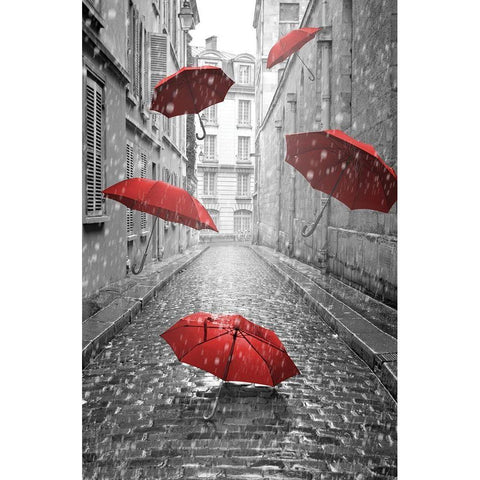 Floating Umbrellas White Modern Wood Framed Art Print by Anonymous