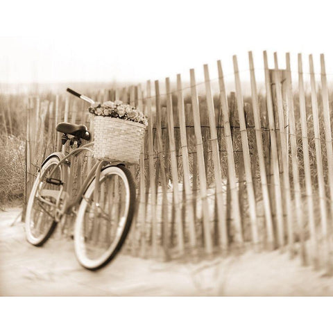 Bike by Beach Fence White Modern Wood Framed Art Print by Anonymous