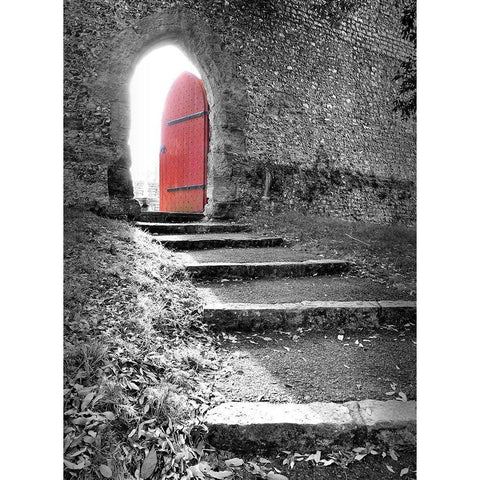 Red Door Top of the Stairs White Modern Wood Framed Art Print by Anonymous