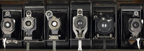 Vintage Camera Row Black Ornate Wood Framed Art Print with Double Matting by Anonymous