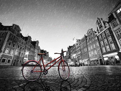 Red Bike on Cobble Stone Street White Modern Wood Framed Art Print with Double Matting by Bednarek, M.