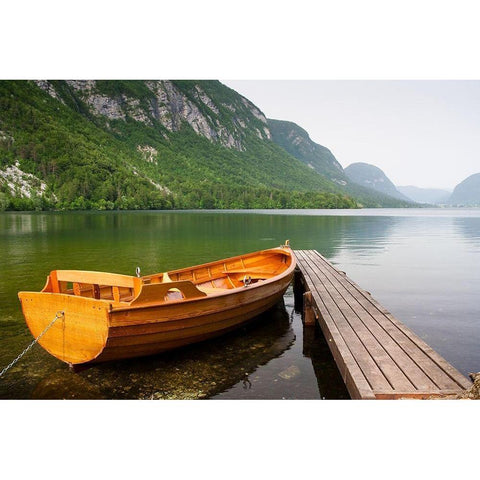 Boat at Lake Pier, Color White Modern Wood Framed Art Print by Anonymous