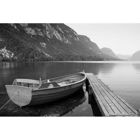 Boat at Lake Pier White Modern Wood Framed Art Print by Anonymous