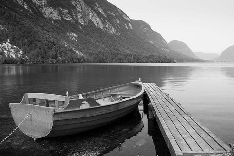 Boat at Lake Pier White Modern Wood Framed Art Print with Double Matting by Anonymous