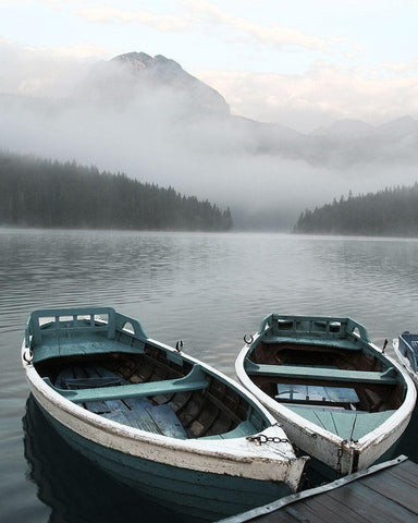 Two Rowboats at Pier White Modern Wood Framed Art Print with Double Matting by Anonymous