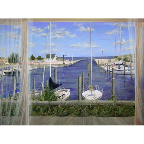 View on Deon Harbor White Modern Wood Framed Art Print by Saxe, Carol