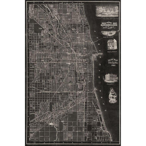 Antique Map of Chicago Gold Ornate Wood Framed Art Print with Double Matting by Blanchard