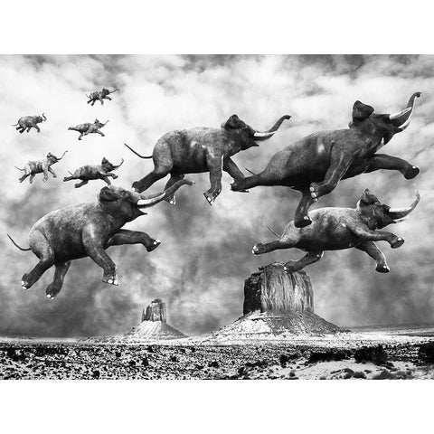 Flying Elephants Black Modern Wood Framed Art Print by Anonymous