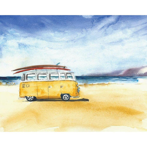 Yellow Minivan with Surfboards Black Modern Wood Framed Art Print with Double Matting by Anonymous