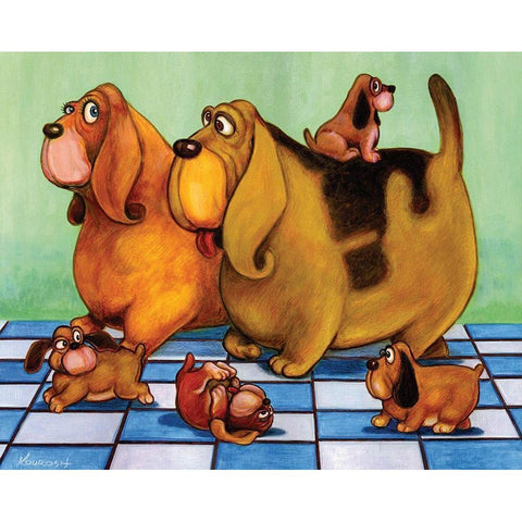 Hounddog Family Picnic White Modern Wood Framed Art Print by Kourosh