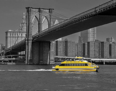 NY Water Taxi Under Brooklyn Bridge Black Ornate Wood Framed Art Print with Double Matting by Maier, Phil