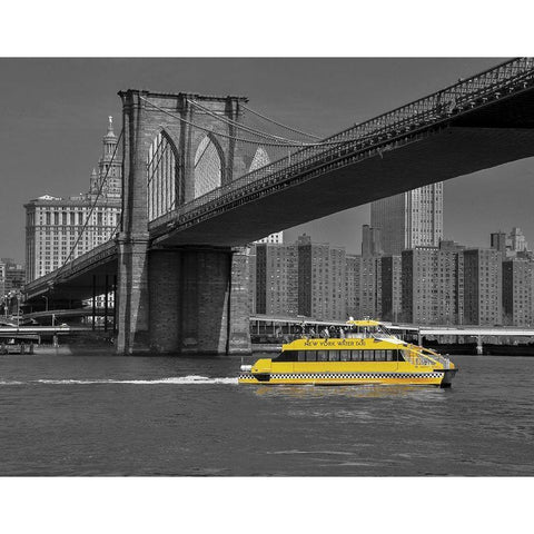 NY Water Taxi Under Brooklyn Bridge Black Modern Wood Framed Art Print by Maier, Phil