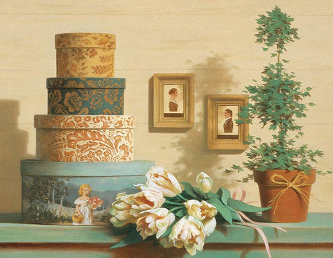 Hat Boxes on Shelf Black Ornate Wood Framed Art Print with Double Matting by Unknown