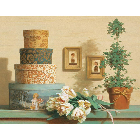 Hat Boxes on Shelf Gold Ornate Wood Framed Art Print with Double Matting by Unknown