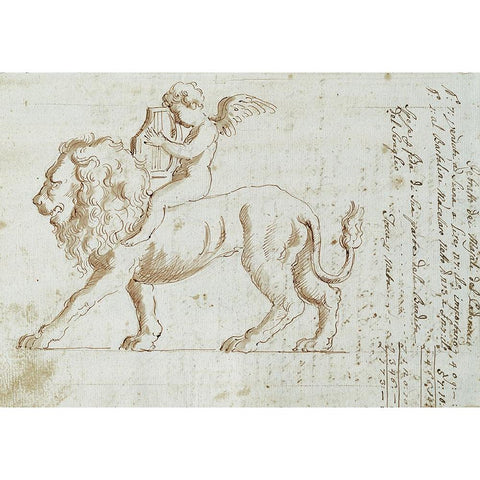 Cherub on Lion II White Modern Wood Framed Art Print by Unknown