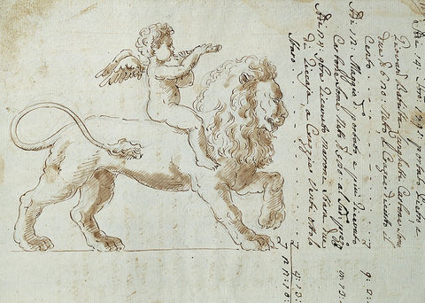 Cherub on Lion I White Modern Wood Framed Art Print with Double Matting by Unknown