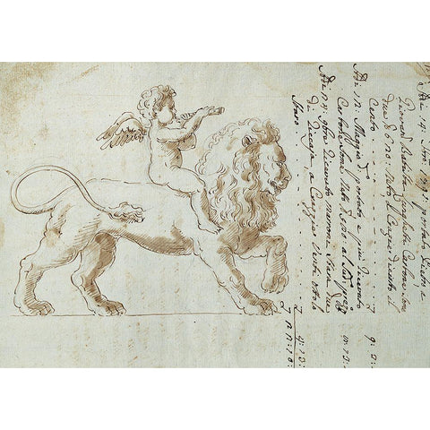 Cherub on Lion I White Modern Wood Framed Art Print by Unknown